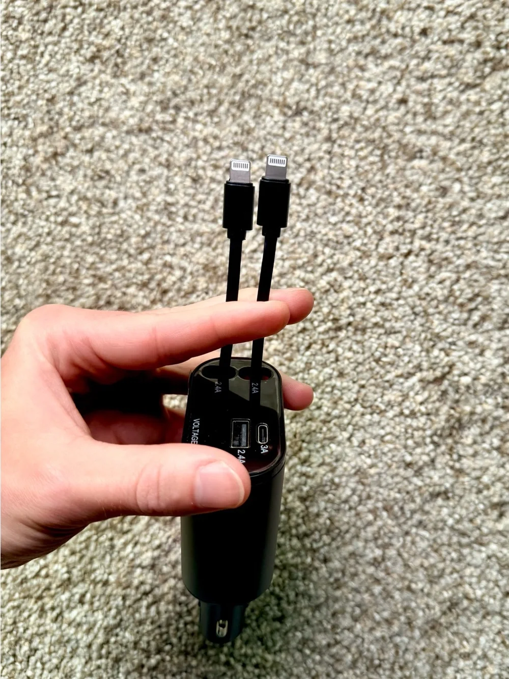 4-in-1 Car Charger Dual Retractable Lightning (Apple) Cables; USB-C, USB-A Ports
